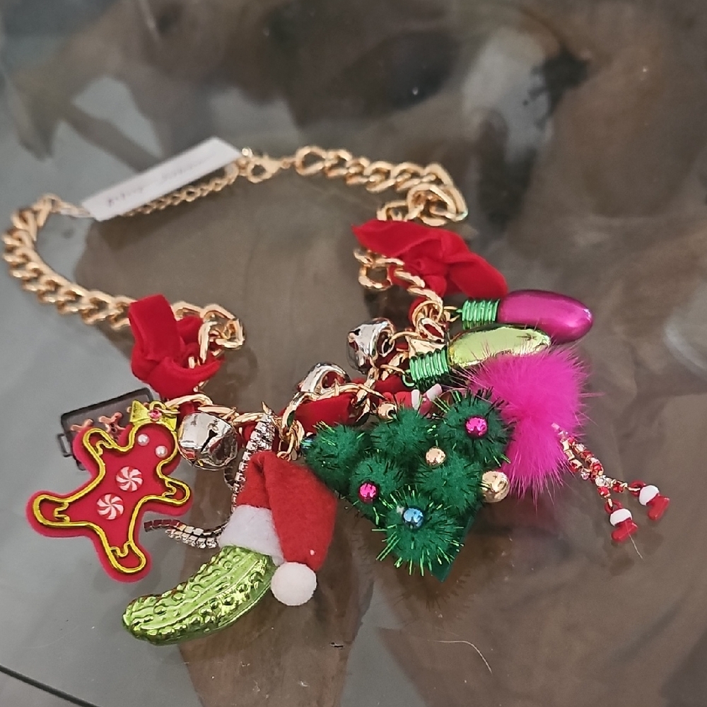 Betsey Johnson Festive Charm Necklace And Matching Bracelet- Red, Green, Gold